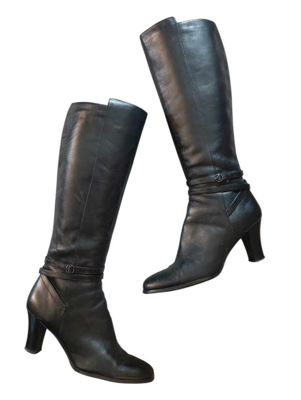 Apostrophe Genuine Black Leather Knee-High Heeled Boots Size 7 M Kellie
